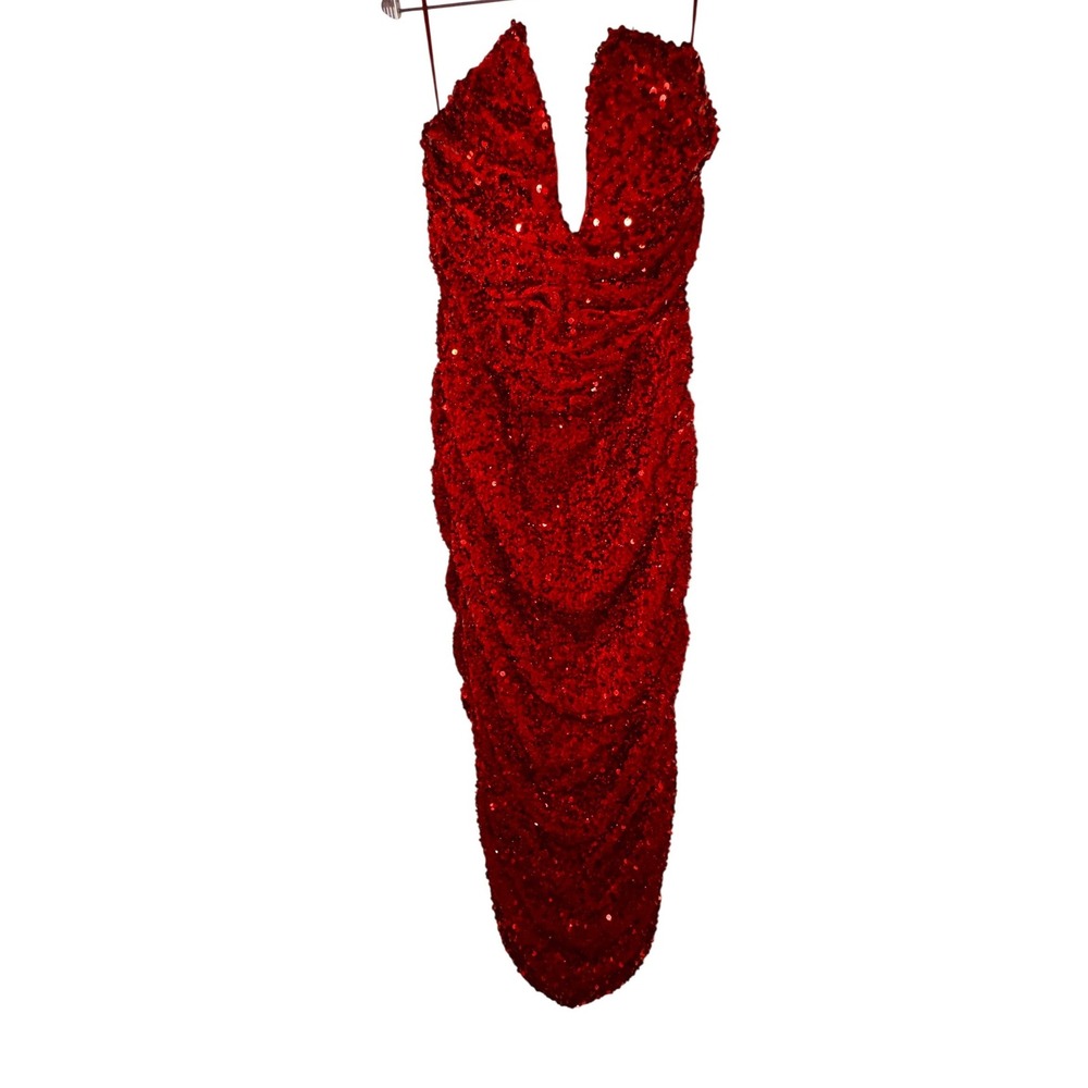 Fashion‎ Nova Sahara Sequin Midi Dress Red Strapless Deep V Neck Plus Size 2X